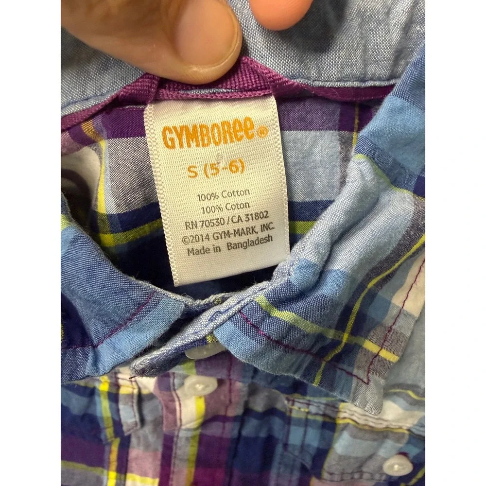 Gymboree Boys Blue Purple Plaid Short Sleeve Button Down Shirt Cotton Size S 5-6